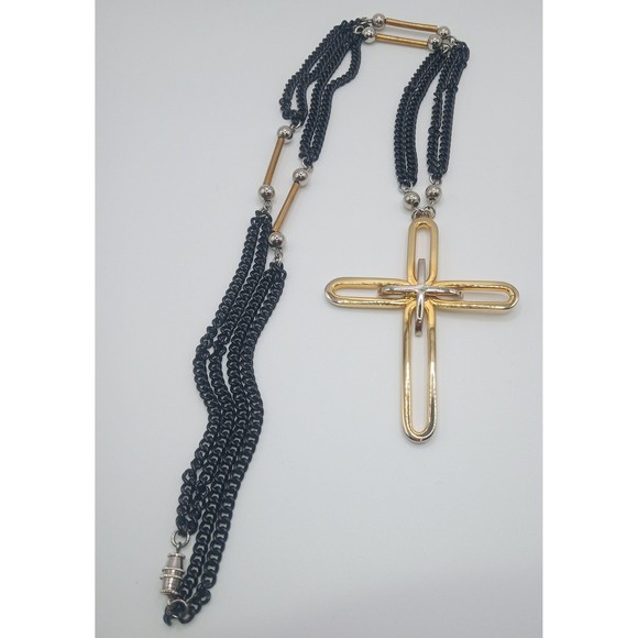 Castlecliff Two Tone Gold Tone Silver Tone Cross Pendant Black Chain Necklace - Picture 1 of 10